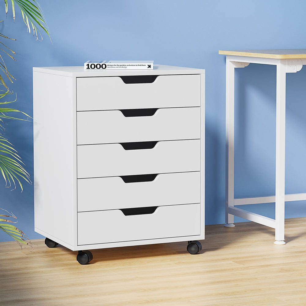 Artiss 5-Drawer Filing Cabinet Mobile Rolling Storage Cabinet Chest of Drawers Stand White