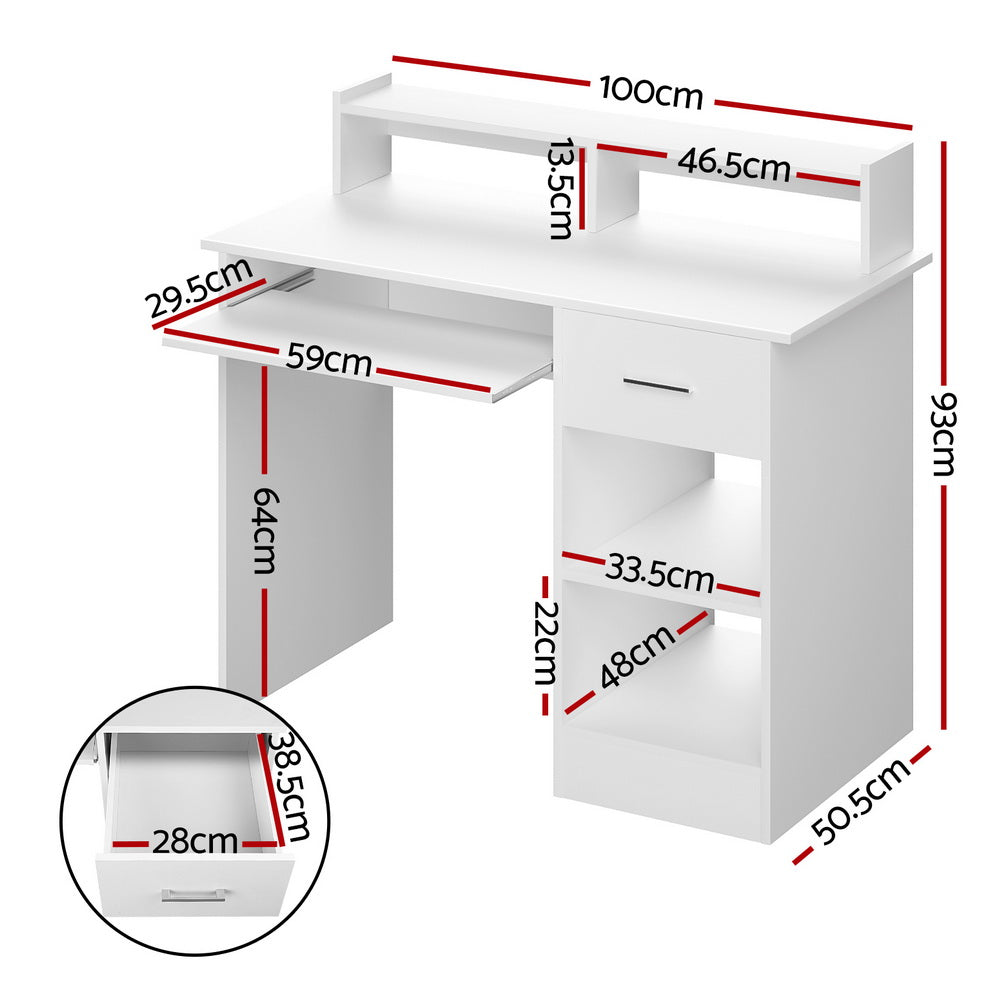 Artiss Computer Desk Shelf Drawer Cabinet White 100CM - 0