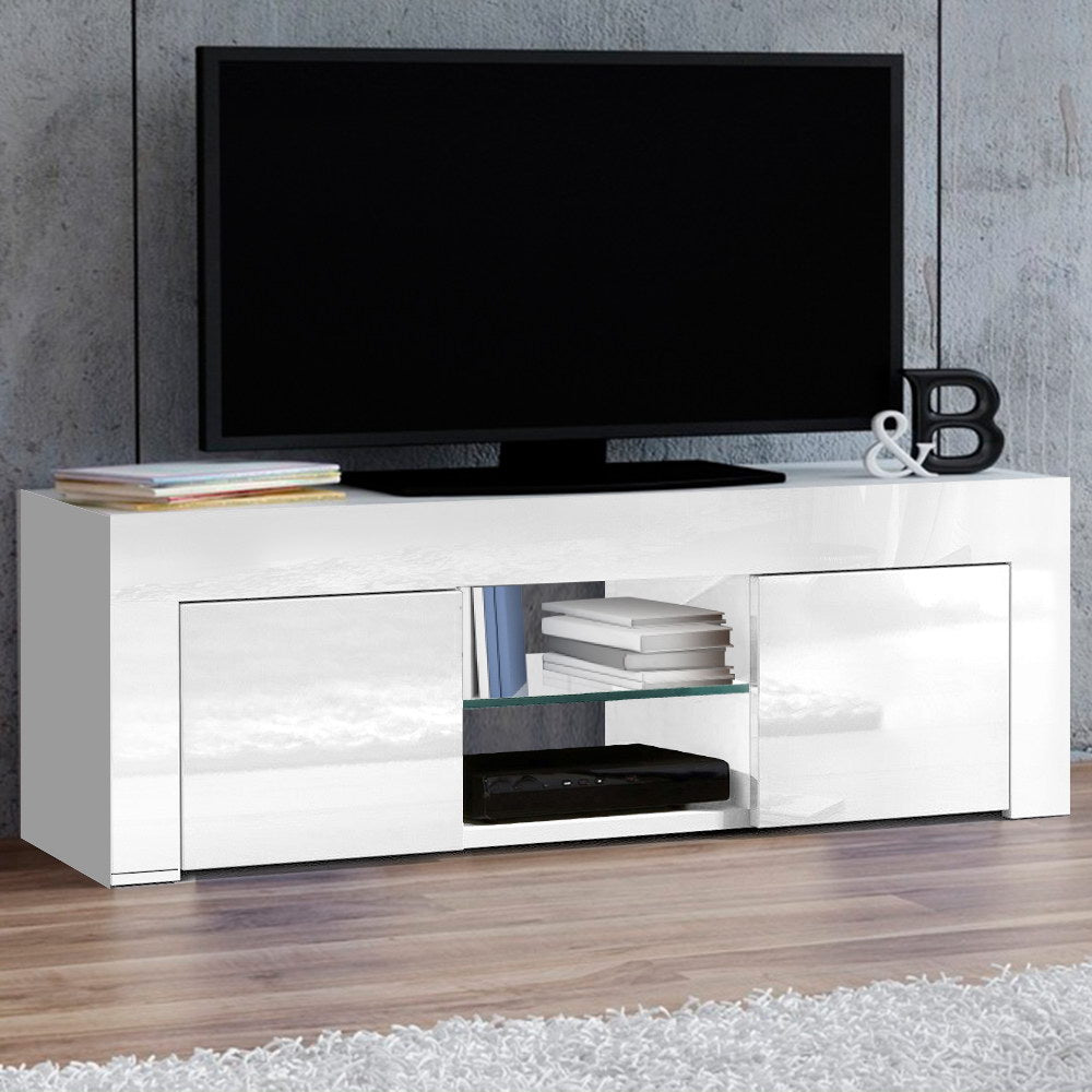 Artiss 130cm High Gloss TV Stand Entertainment Unit Storage Cabinet Tempered Glass Shelf White