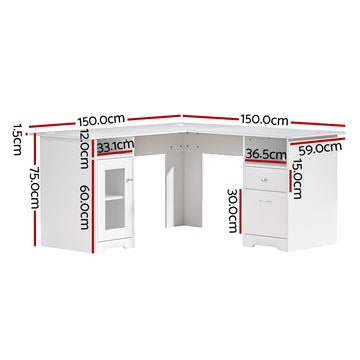 Artiss Computer Desk Shelf Cabinet L-Shape White 150CM - 0