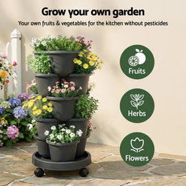 Green Fingers 5 Tier Vertical Garden Planter, Stackable Planters with 4 Wheels, Black, Raised Garden Bed, Garden Tower Indoor Outdoor, Auto Drainage System, for Strawberries, Herbs, Flower, Vegetables - 0