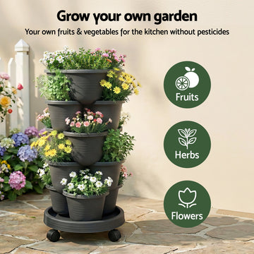 Green Fingers 5 Tier Vertical Garden Planter, Stackable Planters with 4 Wheels, Black, Raised Garden Bed, Garden Tower Indoor Outdoor, Auto Drainage System, for Strawberries, Herbs, Flower, Vegetables - 0