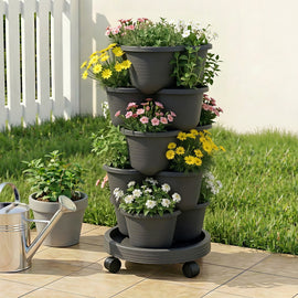 Green Fingers 5 Tier Vertical Garden Planter, Stackable Planters with 4 Wheels, Black, Raised Garden Bed, Garden Tower Indoor Outdoor, Auto Drainage System, for Strawberries, Herbs, Flower, Vegetables
