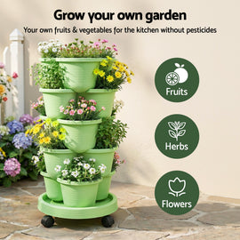 Green Fingers 5 Tier Vertical Garden Planter, Stackable Planters with Wheels, Light Green, Garden Bed, Garden Tower Indoor Outdoor, Auto Drainage System, for Strawberries, Herbs, Flowers, Vegetables - 0
