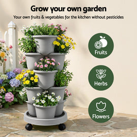 Green Fingers 5 Tier Vertical Garden Planter, Stackable Planters with 4 Wheels, Grey, Raised Garden Bed, Garden Tower Indoor Outdoor, Auto Drainage System, for Strawberries, Herbs, Flower, Vegetables - 0