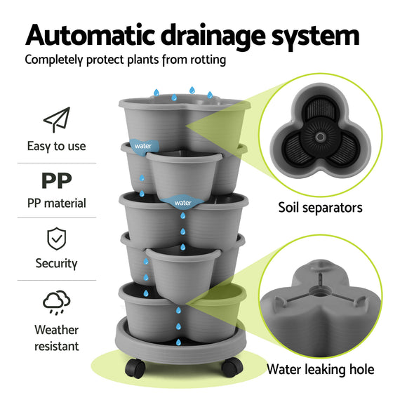 Green Fingers 5 Tier Vertical Garden Planter, Stackable Planters with 4 Wheels, Grey, Raised Garden Bed, Garden Tower Indoor Outdoor, Auto Drainage System, for Strawberries, Herbs, Flower, Vegetables