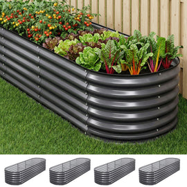 Green Fingers 4 Pcs Raised Garden Bed Kit Oval Galvanized Steel Planter Boxes 240x80x56cm, Heavy Duty Metal Elevated Garden Bed for Vegetables Flowers Herbs, with Safety Edging, Gloves & Pegs Included