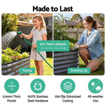 Green Fingers 4 Pcs Raised Garden Bed Kit Oval Galvanized Steel Planter Boxes 320x80x56cm, Heavy Duty Metal Elevated Garden Bed for Vegetables Flowers Herbs, with Safety Edging, Gloves & Pegs Included - 0