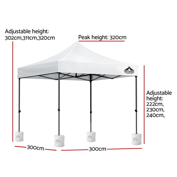 Instahut Gazebo Pop Up 3x3m w/Base Podx4 Marquee Folding Outdoor Wedding Camping Tent Shade Canopy White
