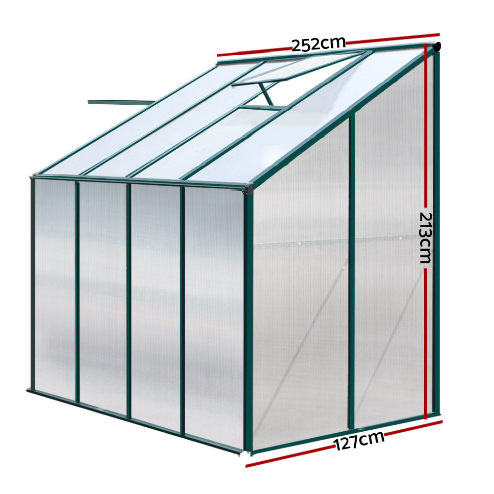 Greenfingers Greenhouse 2.52x1.27x2.13M Lean-to Aluminium Polycarbonate Green House Garden Shed - 0