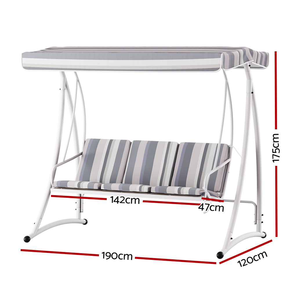 Gardeon Outdoor Swing Chair Garden Bench Furniture Canopy 3 Seater White Grey - 0