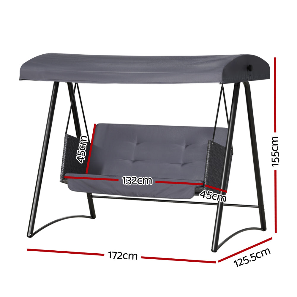 Gardeon Outdoor Swing Chair Garden Bench Furniture Canopy 3 Seater Rattan Grey - 0