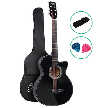 Alpha 38 Inch Acoustic Guitar Wooden Body Steel String Full Size Cutaway Black - 0