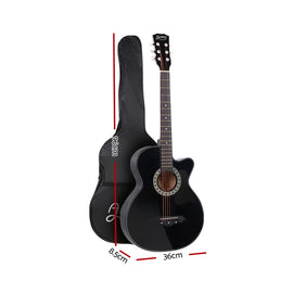 Alpha 38 Inch Acoustic Guitar Wooden Body Steel String Full Size w/ Stand Black - 0