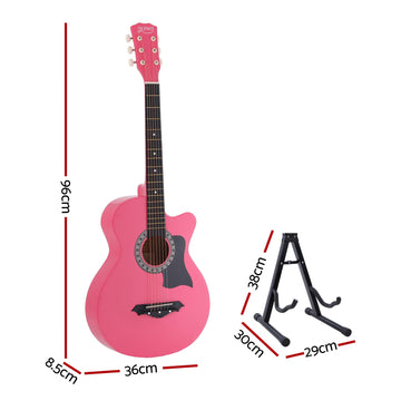 Alpha 38 Inch Acoustic Guitar Wooden Body Steel String Full Size w/ Stand Pink - 0