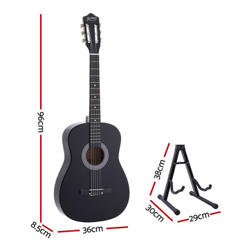 Alpha 38 Inch Classical Acoustic Guitar with Folding Stand Capo and String Set Black - 0