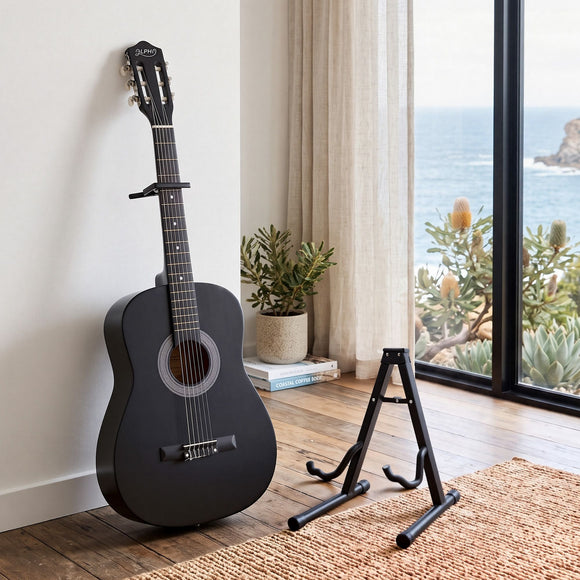 Alpha 38 Inch Classical Acoustic Guitar with Folding Stand Capo and String Set Black