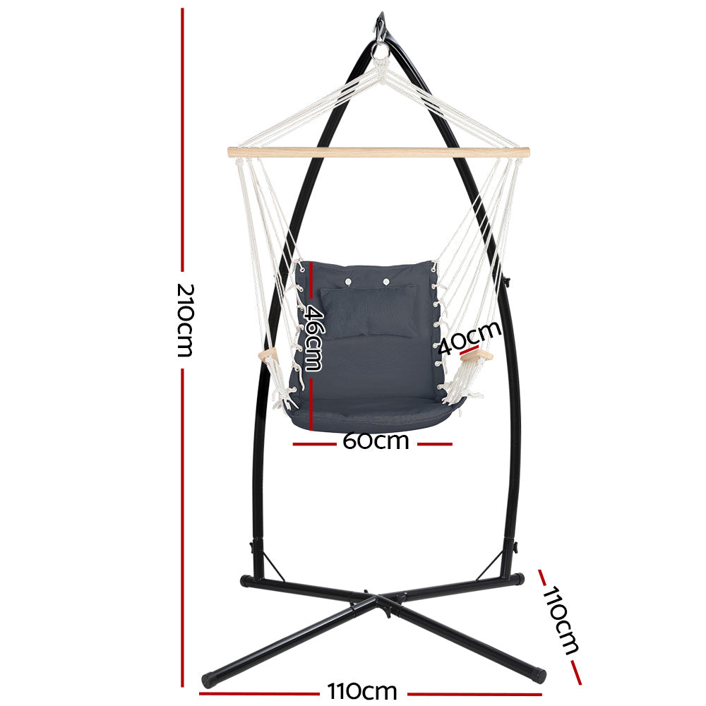Gardeon Hammock Chair with Steel Stand Armrest Outdoor Hanging Grey - 0
