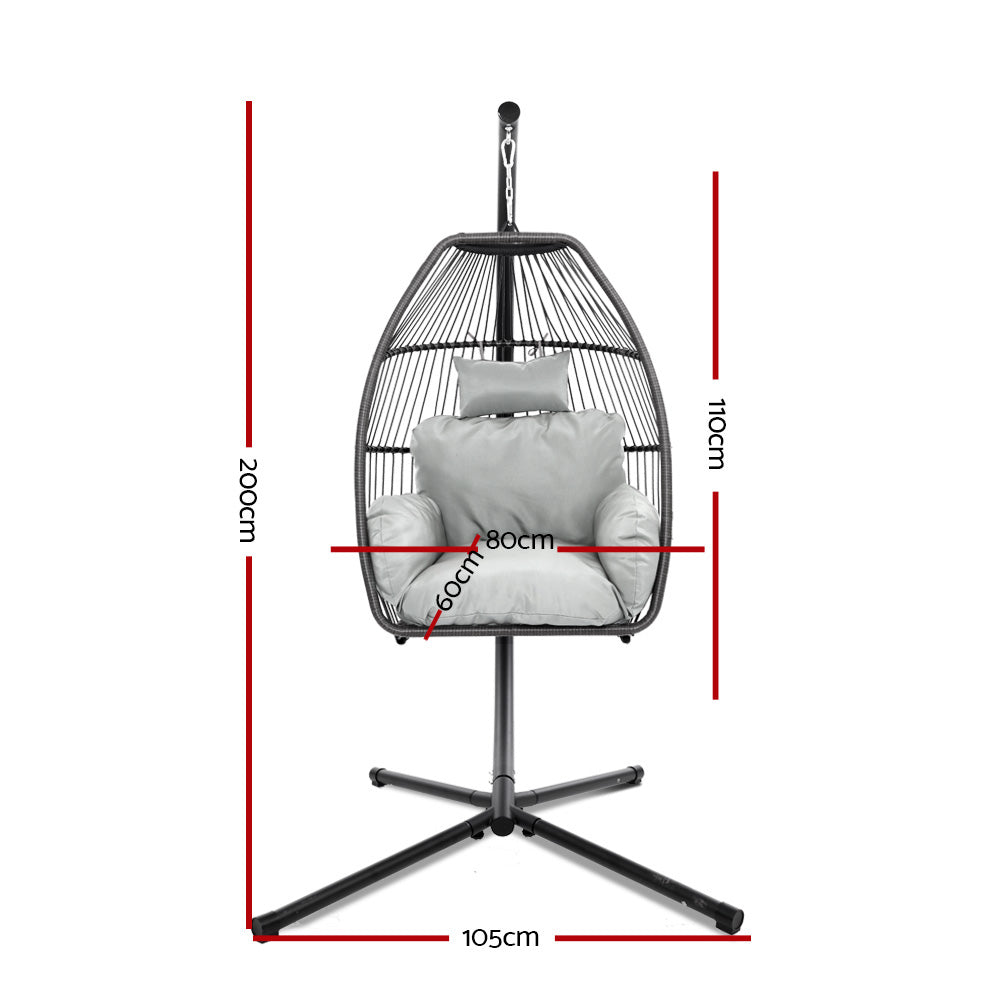 Gardeon Outdoor Egg Swing Chair Wicker Rope Furniture Pod Stand Cushion Grey - 0