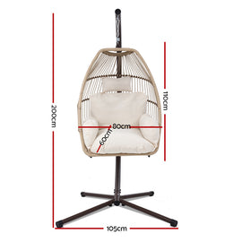 Gardeon Outdoor Egg Swing Chair Hanging Chair Wicker Rope Pod Stand Cushion Latte - 0