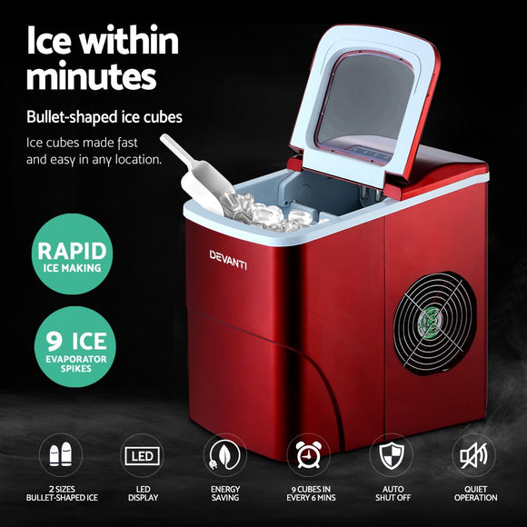 DEVANTi Portable Ice Cube Maker Machine 2L Home Bar Benchtop Easy Quick Red