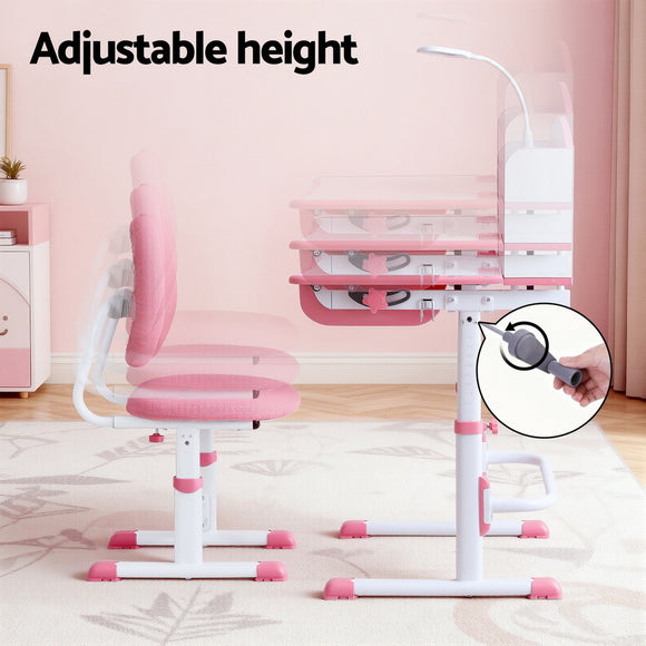 Keezi Kids Study Desk Chair Set Adjustable Ergonomic Table LED Lamp Pink