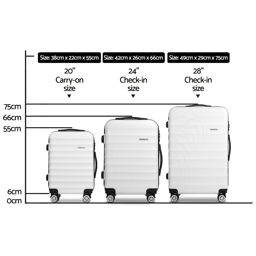 Wanderlite 3pcs Luggage Trolley Travel Suitcase Set TSA Hard Shell Case Strap White - 0