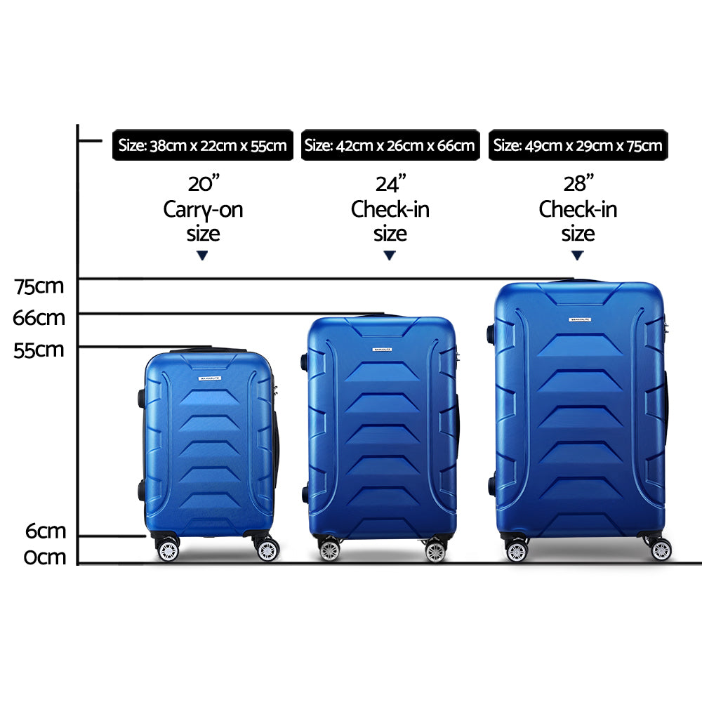 Wanderlite 3pc Luggage Trolley Travel Suitcase Set TSA Hard Shell Case Strap Blue - 0