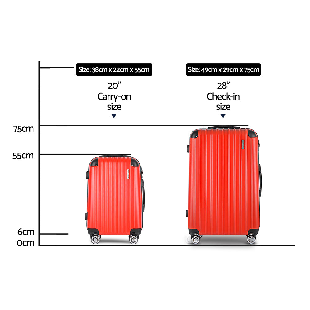 Wanderlite 2pc Luggage Trolley Travel Set Suitcase Carry On TSA Hard Case Lightweight Red - 0