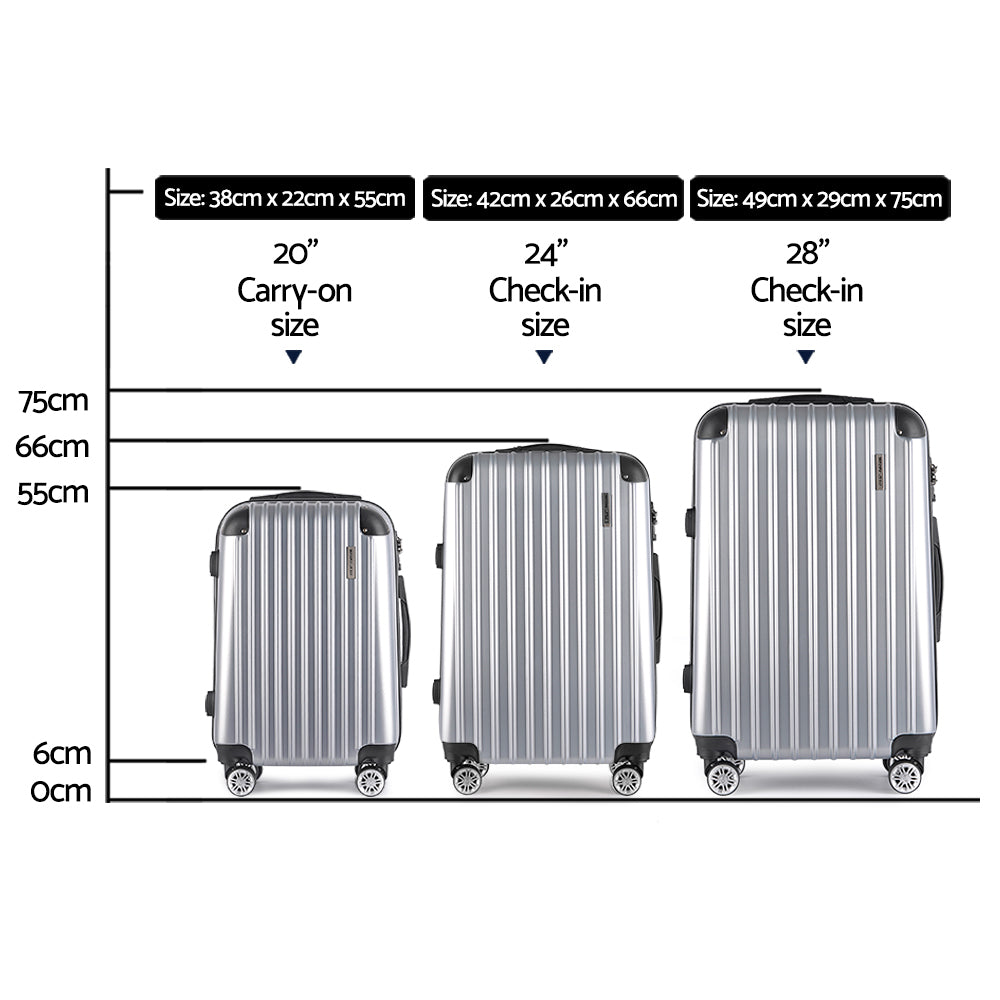 Wanderlite 3pc Luggage Trolley Travel Set Suitcase Carry On TSA Lock Hard Case Lightweight Silver - 0