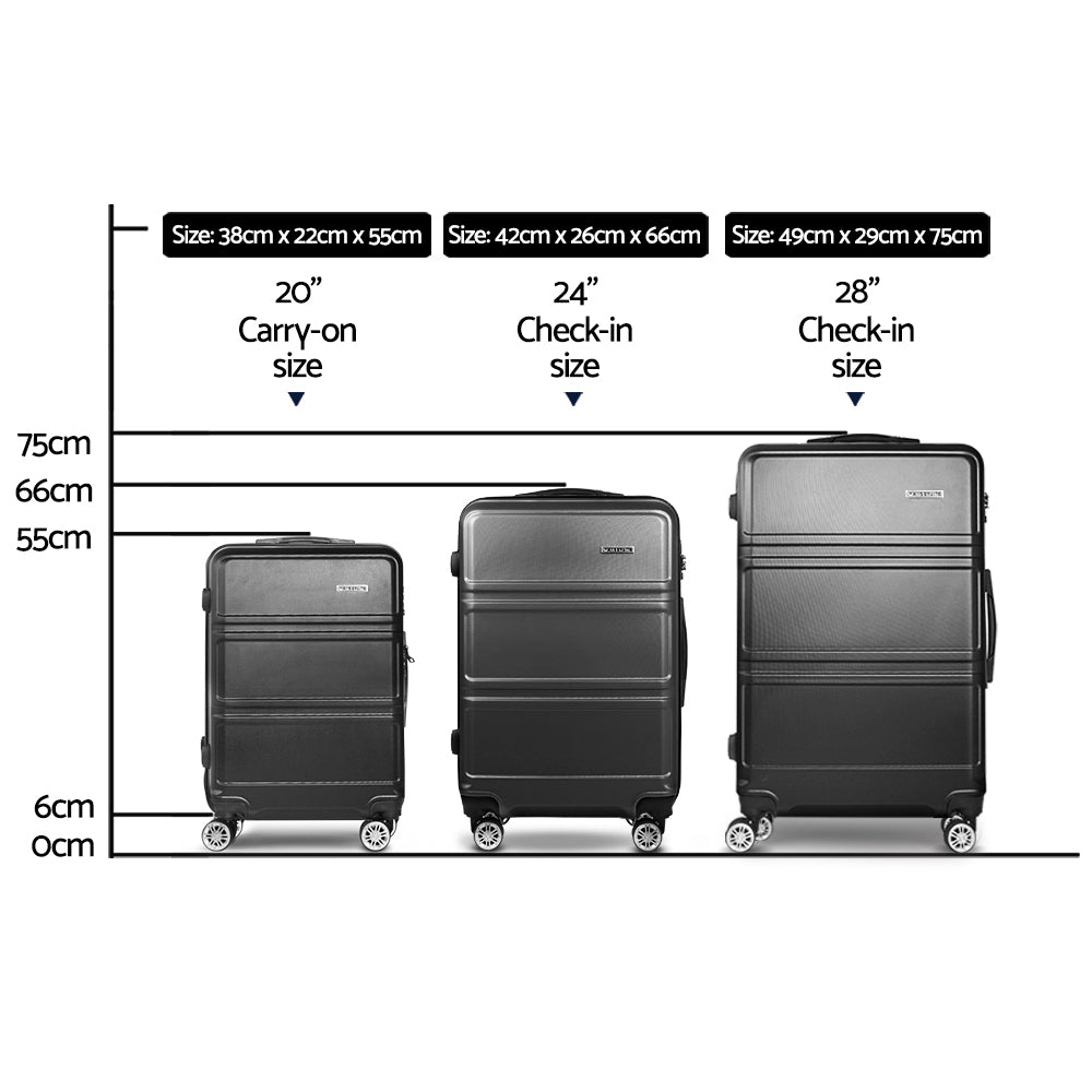 Wanderlite 3pc Luggage Trolley Set Suitcase Travel TSA Carry On Hard Case Lightweight Black - 0