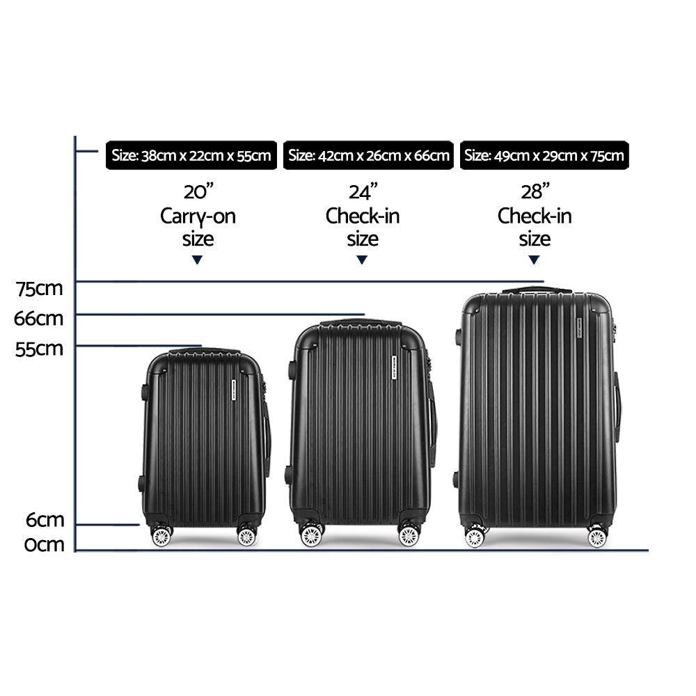 Wanderlite 3pcs LuggageTrolley Set Travel Suitcase Storage Organiser Carry On Hard Case TSA Lightweight Black - 0