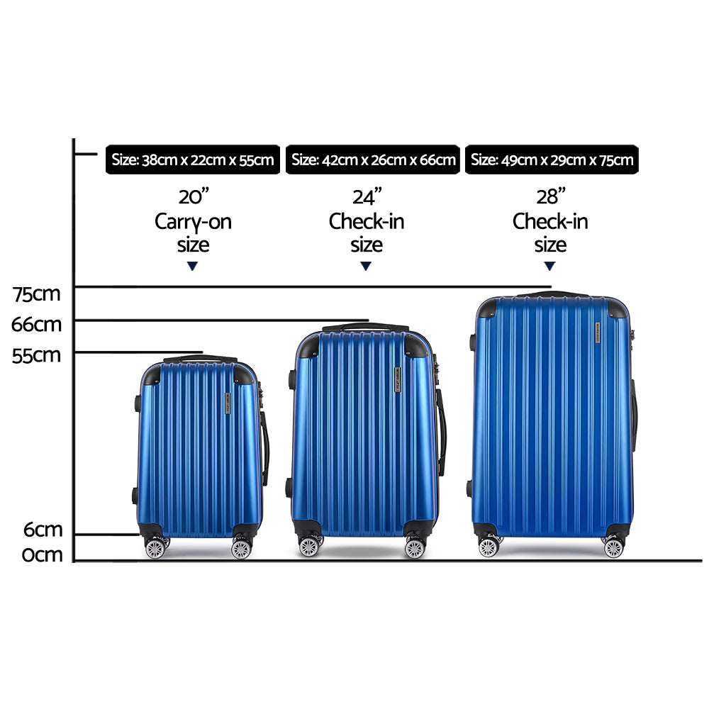 Wanderlite 3pcs LuggageTrolley Set Travel Suitcase Storage Organiser Carry On Hard Case TSA Lightweight Blue - 0