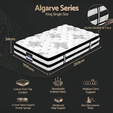 Giselle Bedding 34cm Mattress Euro Top Pocket Spring King Single - 0