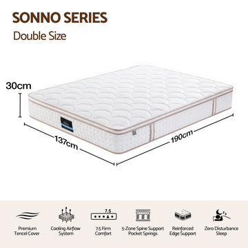 Giselle 30cm Double Spring Mattress Tencel Cover 5-Zone Firm Back Support - 0