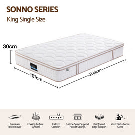Giselle 30cm King Single Spring Mattress Tencel Cover 5-Zone Firm Back Support - 0