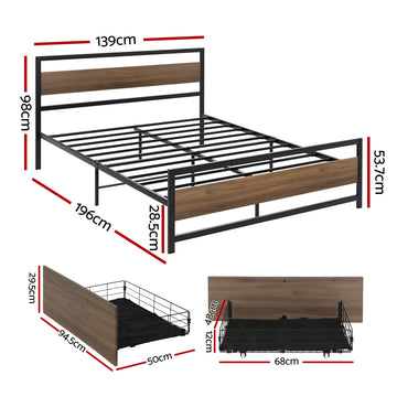 Artiss Bed Frame Double Size Metal Frame with 2 Drawers DREW - 0