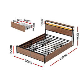 Artiss Metal Bed Frame Queen Size with 2-Tier Storage Headboard Metal Platform with 4 Storage Drawers Built in Charging Station & LED Noise-Free/Metal Support/No Box Spring Needed Vintage Brown - 0