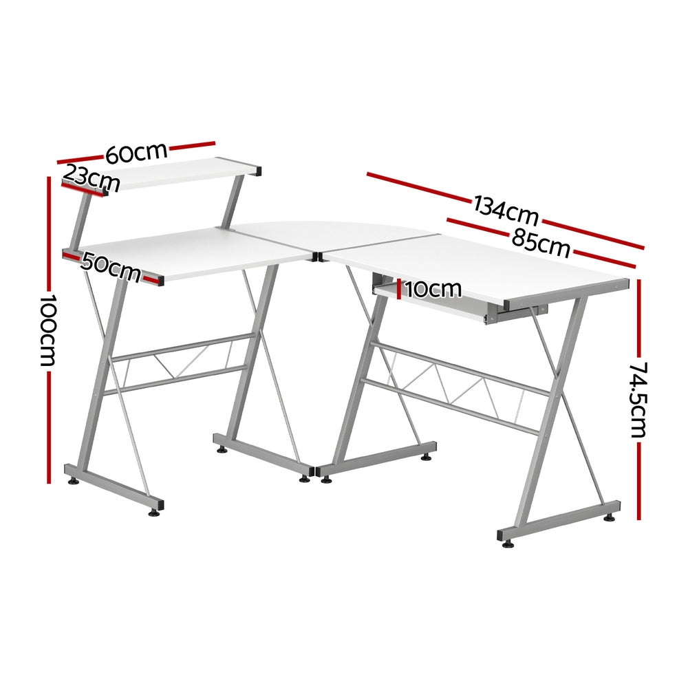 Artiss Computer Desk L-Shape Keyboard Tray Shelf White - 0