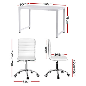 Artiss Computer Desk 120cm Executive Office Chairs Set PU Leather Low Back White - 0