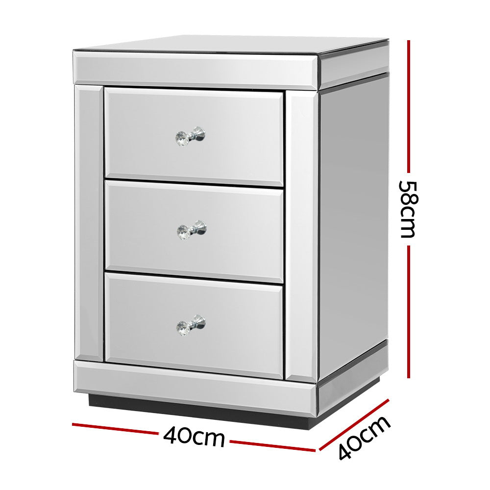 Artiss Set of 2 Bedside Table 3 Drawers Mirrored Glass - PRESIA Silver - 0