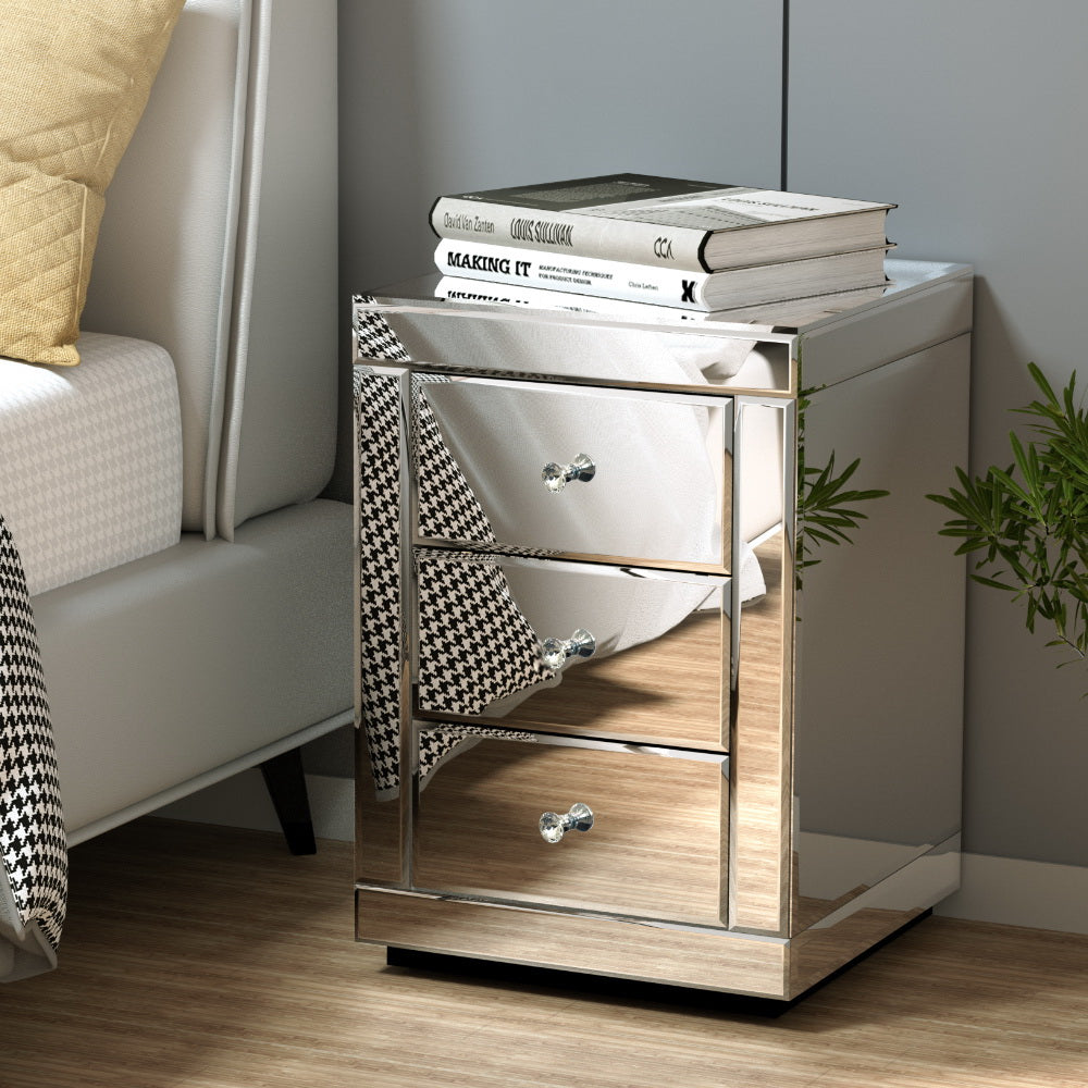 Artiss Set of 2 Bedside Table 3 Drawers Mirrored Glass - PRESIA Silver