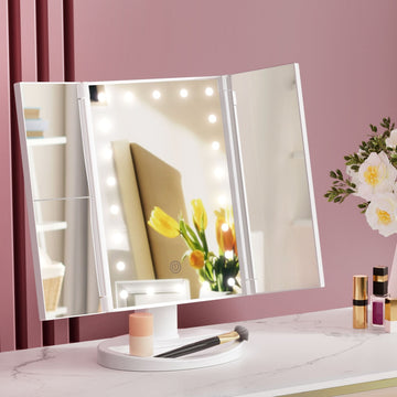 Embellir Tri-fold Makeup Mirror 1X2X3X Magnifying with LED Light Travel Portable - 0