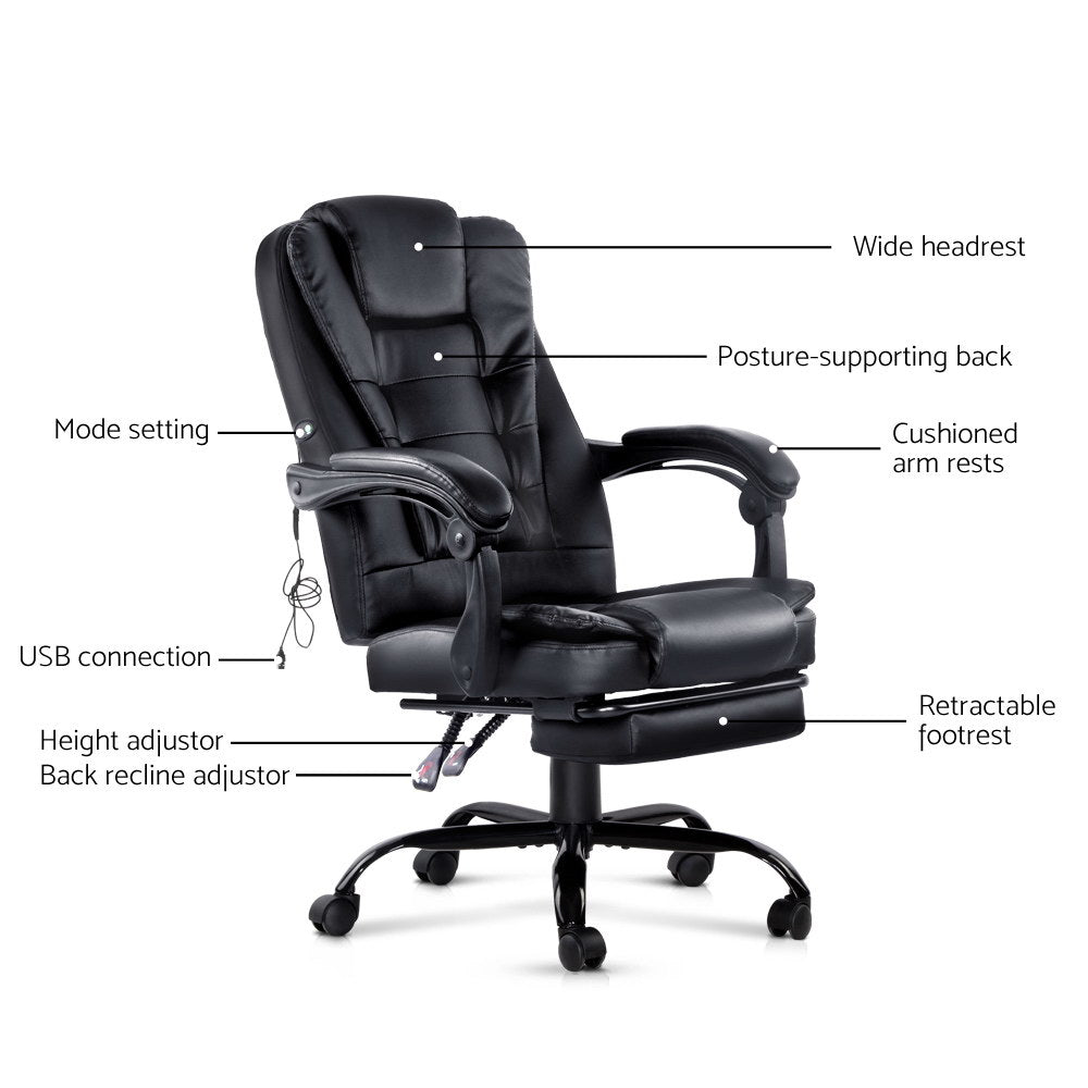 Artiss 2 Point Massage Office Chair PU Leather Footrest Black