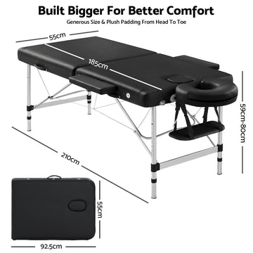 Zenses Massage Table 55cm 2 Fold Aluminium Massage Bed Portable Beauty Therapy Black - 0