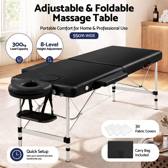 Zenses Massage Table 55cm 2 Fold Aluminium Massage Bed Portable Beauty Therapy Black