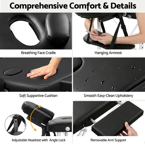 Zenses Massage Table 55cm 2 Fold Aluminium Massage Bed Portable Beauty Therapy Black
