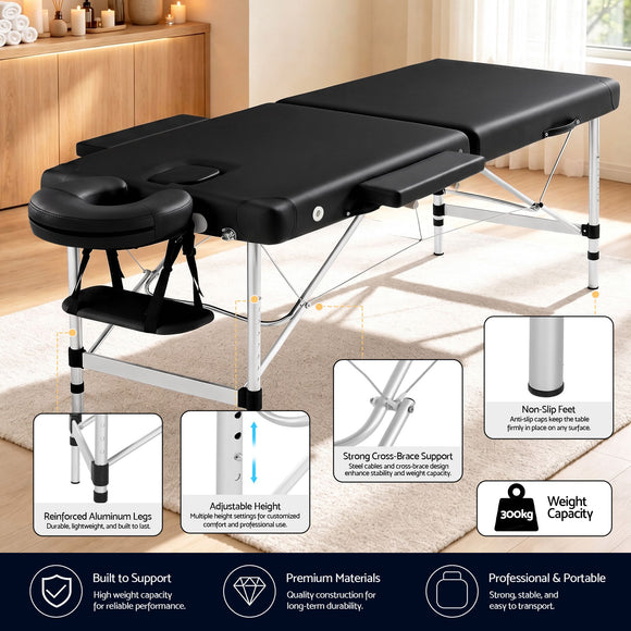 Zenses Massage Table 55cm 2 Fold Aluminium Massage Bed Portable Beauty Therapy Black