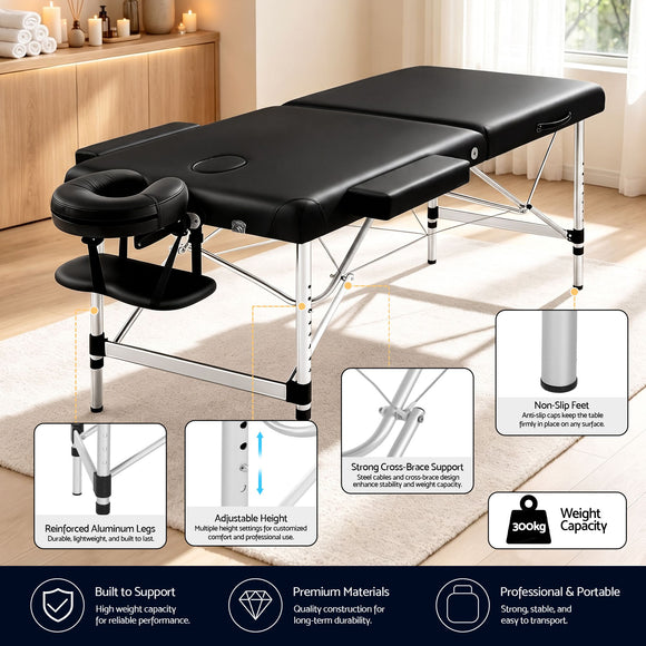 Zenses Massage Table 70cm 2 Fold Aluminium Massage Bed Portable Beauty Therapy Black
