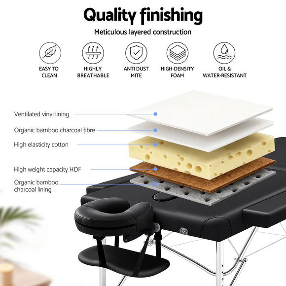 Zenses Massage Table 70cm 2 Fold Aluminium Massage Bed Portable Beauty Therapy Black